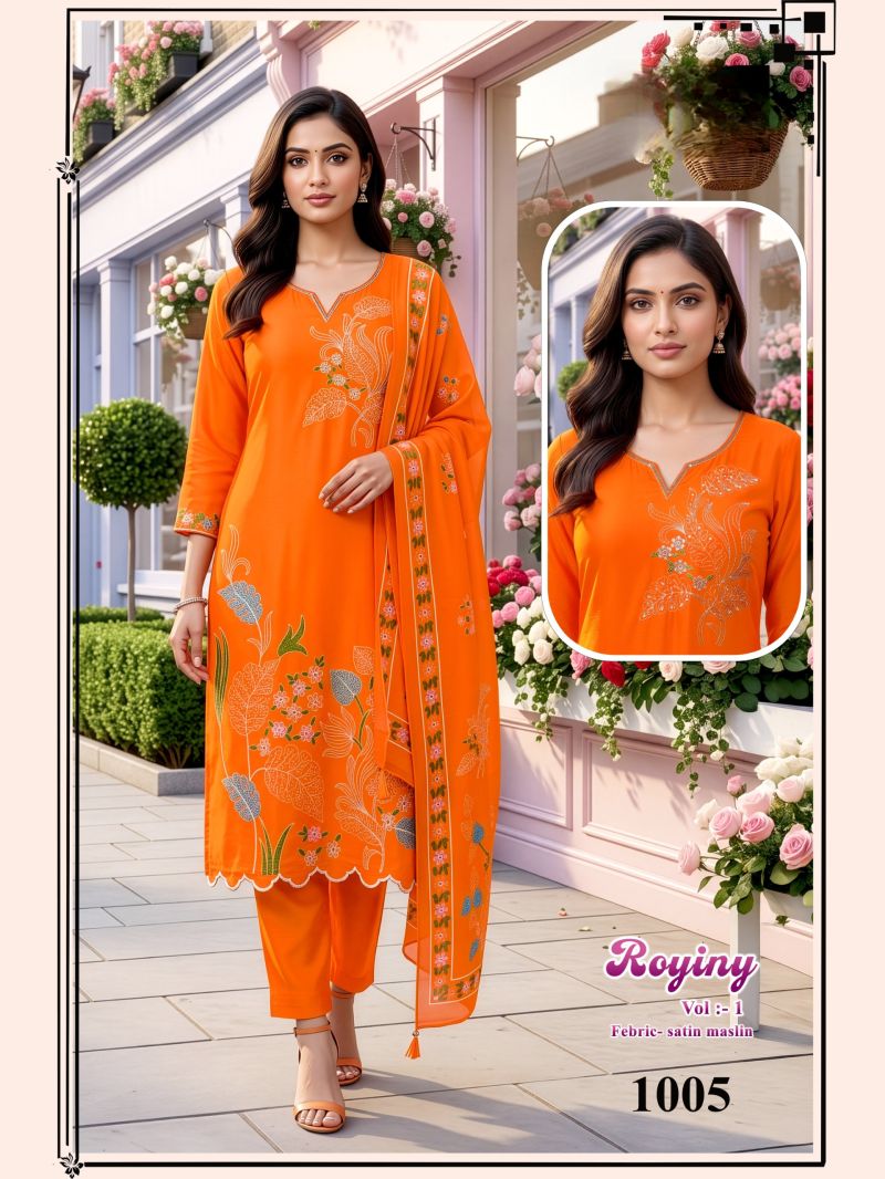 Royiny Vol 1 Satin Muslin Embroidery Worked Kurti Set Catalog — Wholesale Dress Material, Vardan Ethnic wholesale from Surat — view 5