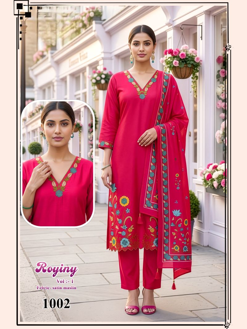 Royiny Vol 1 Satin Muslin Embroidery Worked Kurti Set Catalog — Wholesale Dress Material, Vardan Ethnic wholesale from Surat — view 6