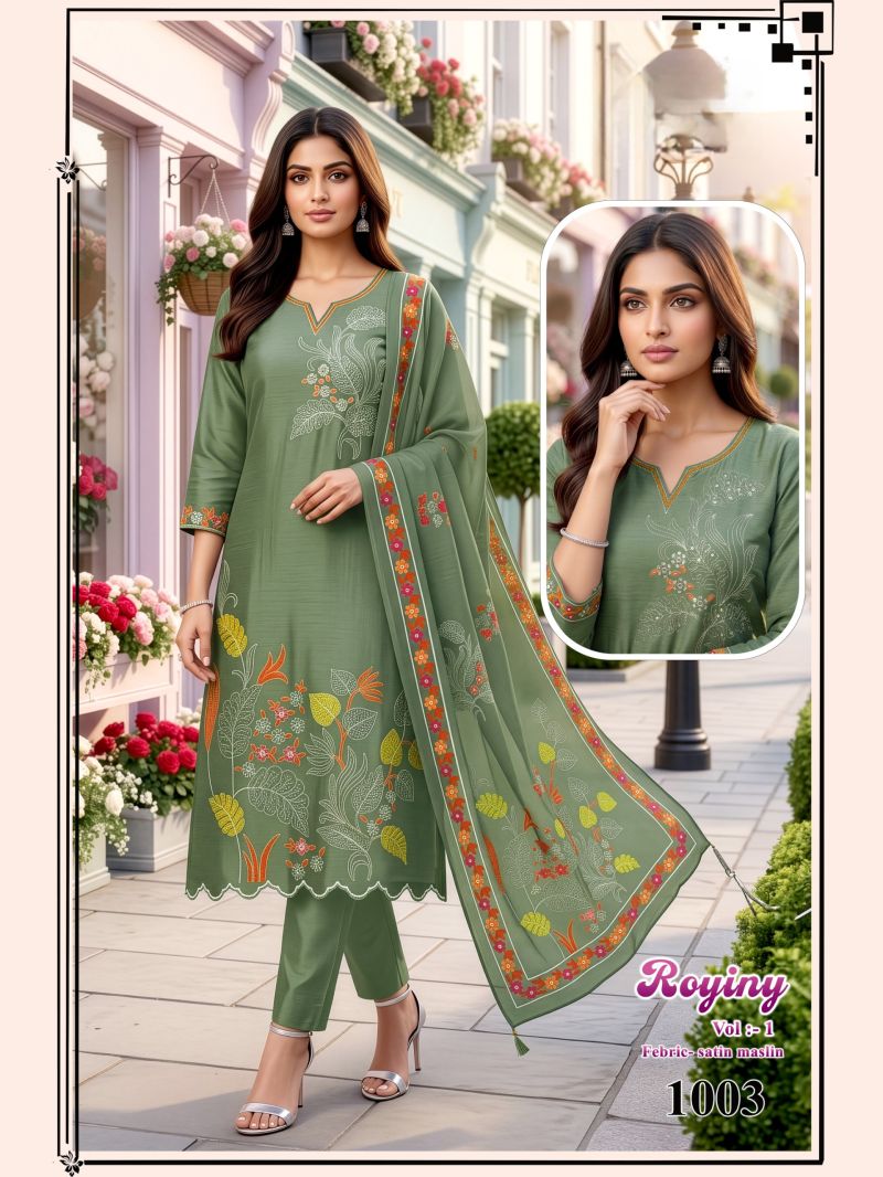 Royiny Vol 1 Satin Muslin Embroidery Worked Kurti Set Catalog
