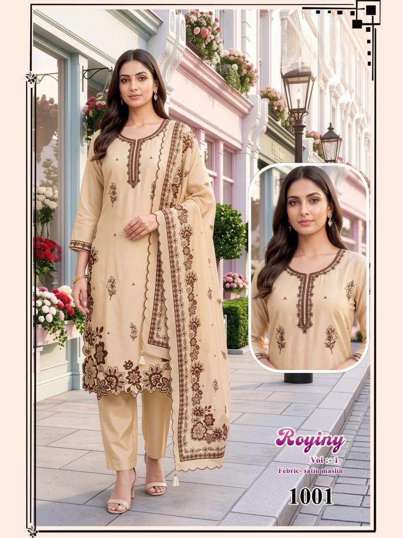 Royiny Vol 1 Satin Muslin Embroidery Worked Kurti Set Catalog — Wholesale Dress Material, Vardan Ethnic wholesale from Surat — view 7