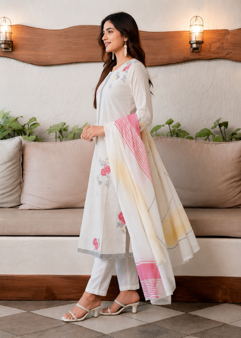 Drd 06 White Cotton Jacquard Printed Kurti Pent With Dupatta Set — Wholesale Cotton Kurti Pant Set, Vardan Ethnic wholesale from Surat — view 2