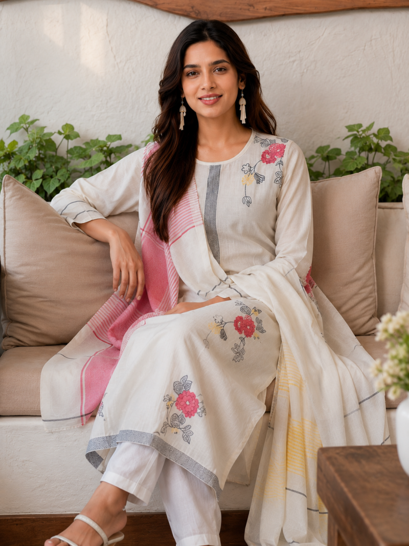 Drd 06 White Cotton Jacquard Printed Kurti Pent With Dupatta Set