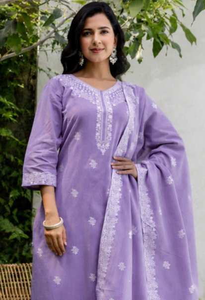 Drd 72 Light Purple Cotton Embroidered Kurti Set Catalog