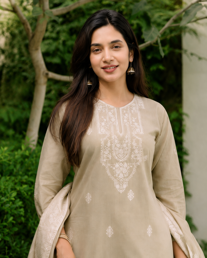 Drd 77 Chiku Cotton Jacquard Worked Kurti With Bottom Dupatta Set — Wholesale Cotton Kurti Pant Set, Vardan Ethnic wholesale from Surat — view 2