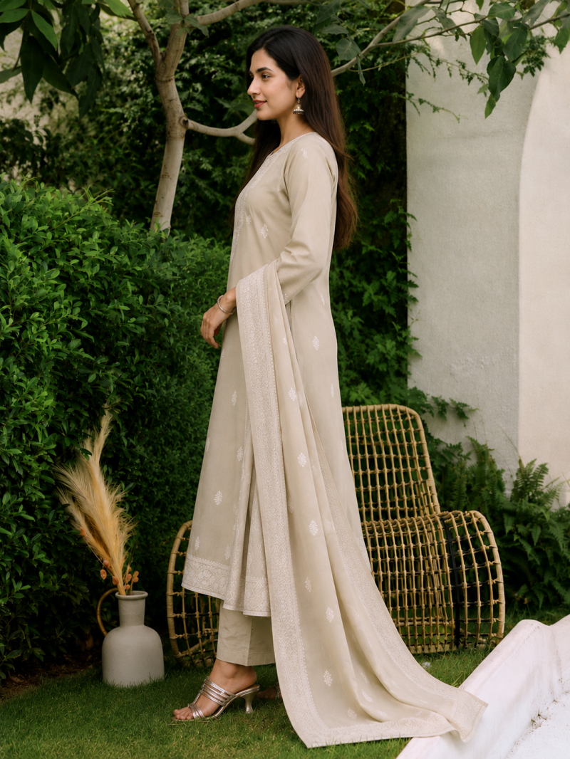 Drd 77 Chiku Cotton Jacquard Worked Kurti With Bottom Dupatta Set — Wholesale Cotton Kurti Pant Set, Vardan Ethnic wholesale from Surat — view 3