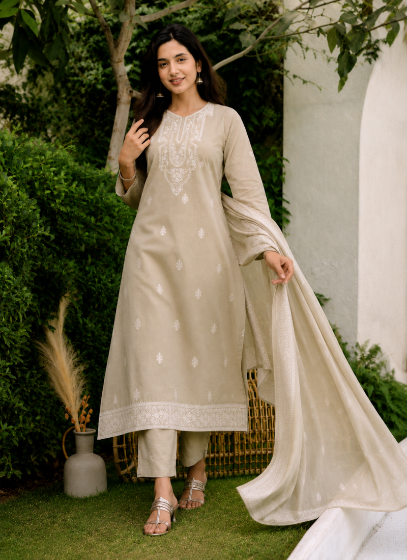 Drd 77 Chiku Cotton Jacquard Worked Kurti With Bottom Dupatta Set — Wholesale Cotton Kurti Pant Set, Vardan Ethnic wholesale from Surat — view 4