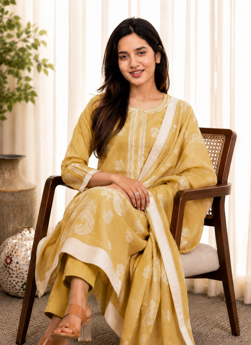 Drd 79 Light Yellow Cotton Embroidered Kurti Set Catalog — Wholesale Cotton Kurti Pant Set, Vardan Ethnic wholesale from Surat — view 2