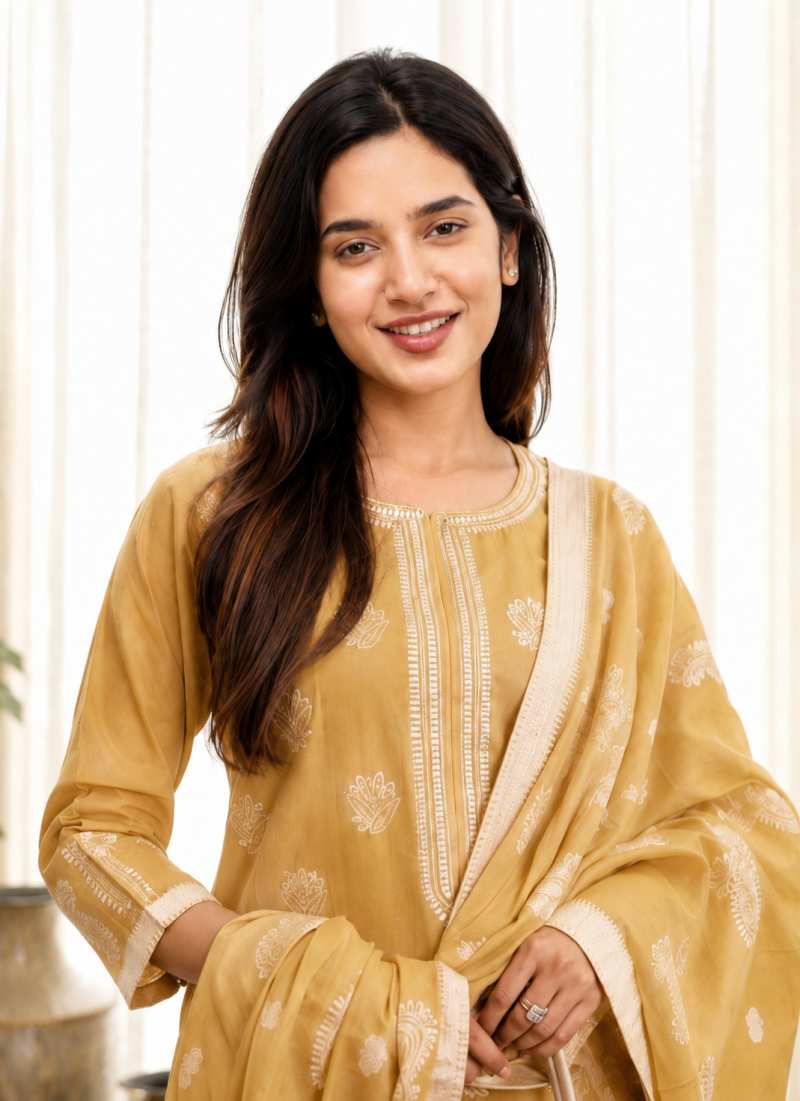 Drd 79 Light Yellow Cotton Embroidered Kurti Set Catalog