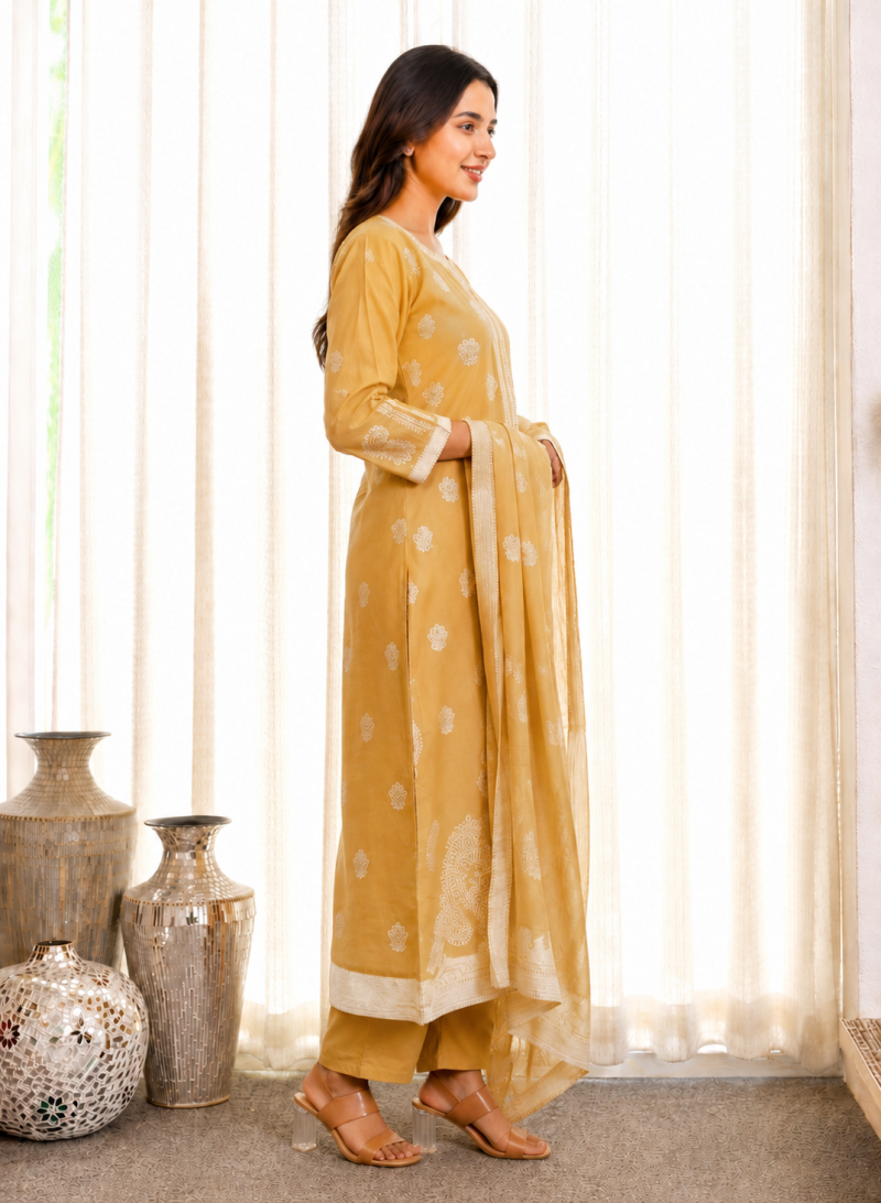 Drd 79 Light Yellow Cotton Embroidered Kurti Set Catalog — Wholesale Cotton Kurti Pant Set, Vardan Ethnic wholesale from Surat — view 3