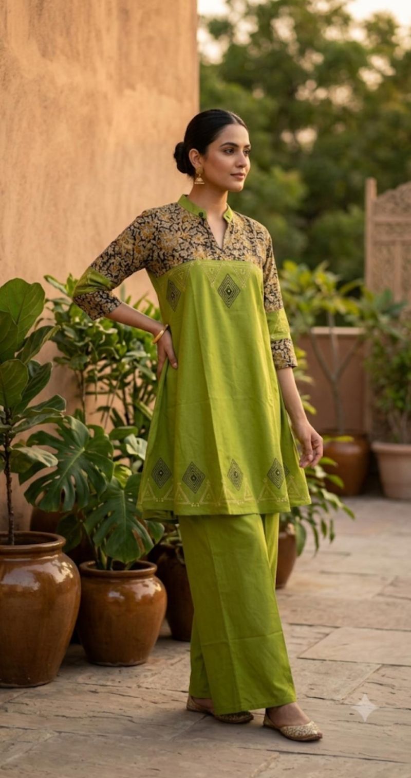 Naisha K 1092 Dhabu Cotton Stylish Kurti With Bottom Set