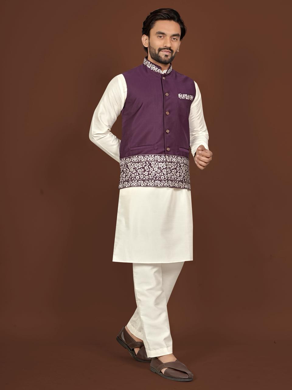 Aagaman Men's Designer Silk Koti Kurta Pant Set — Men's Wear, Vardan Ethnic wholesale from Surat — view 2
