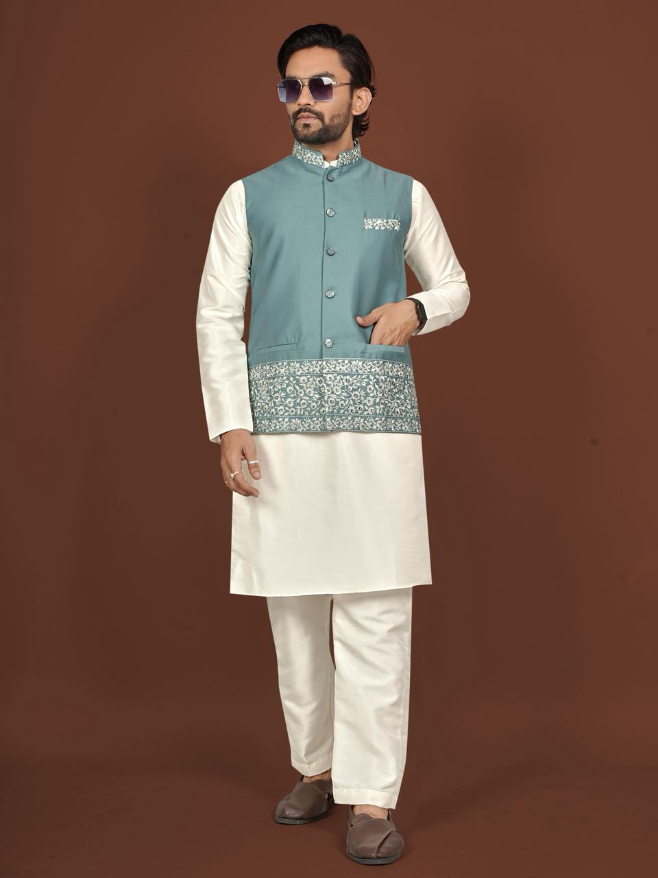 Aagaman Men's Designer Silk Koti Kurta Pant Set — Men's Wear, Vardan Ethnic wholesale from Surat — view 11