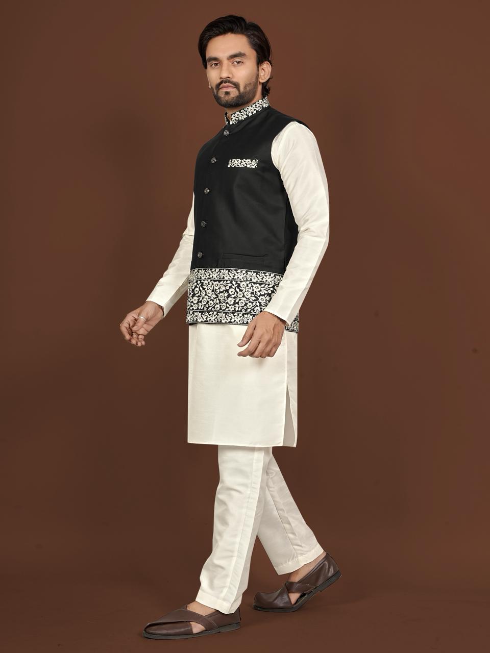 Aagaman Men's Designer Silk Koti Kurta Pant Set — Men's Wear, Vardan Ethnic wholesale from Surat — view 12