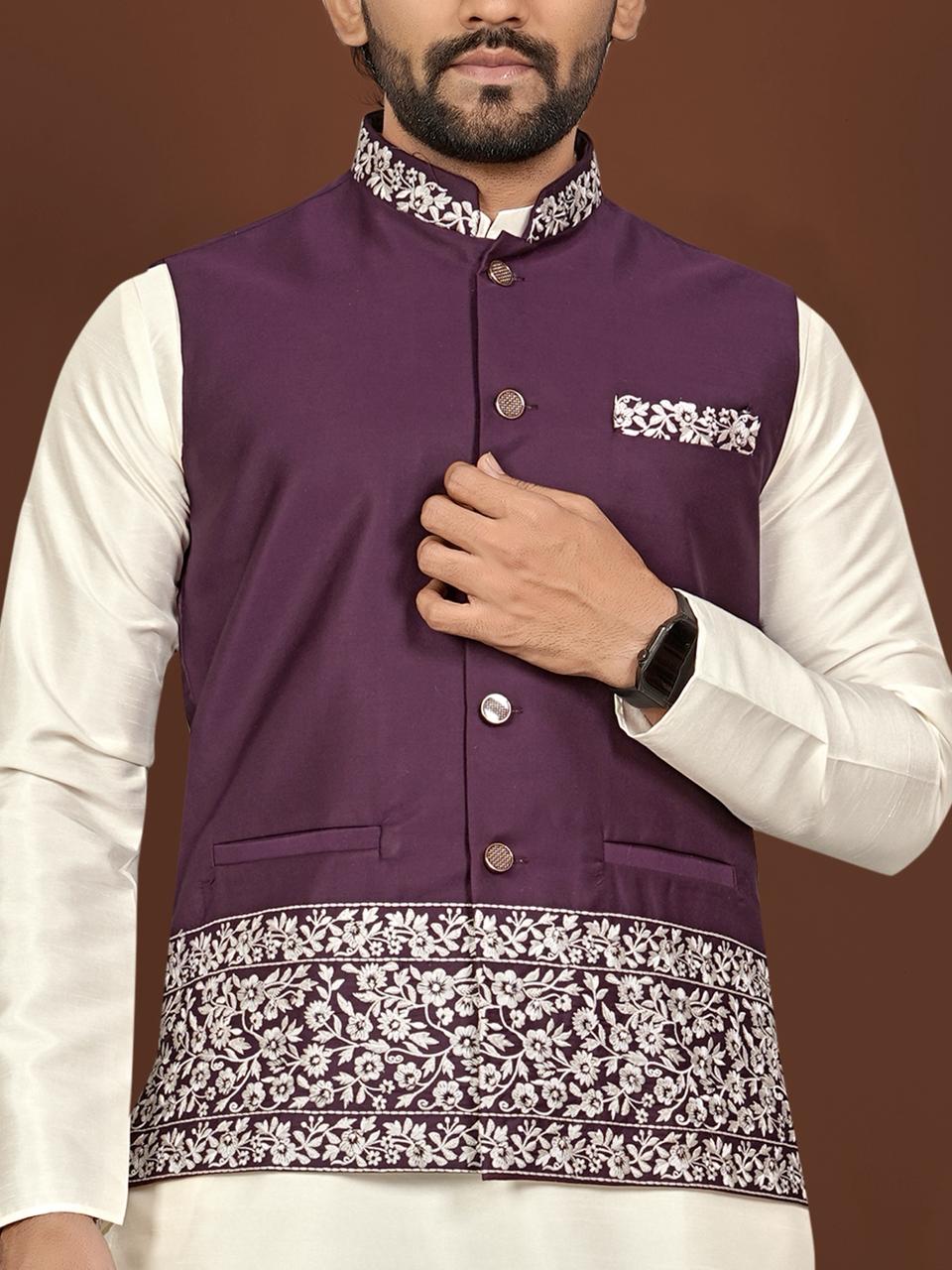Aagaman Men's Designer Silk Koti Kurta Pant Set — Men's Wear, Vardan Ethnic wholesale from Surat — view 3