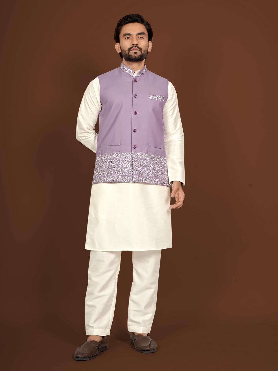 Aagaman Men's Designer Silk Koti Kurta Pant Set — Men's Wear, Vardan Ethnic wholesale from Surat — view 5