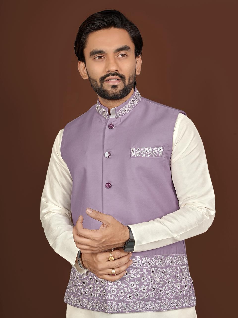 Aagaman Men's Designer Silk Koti Kurta Pant Set — Men's Wear, Vardan Ethnic wholesale from Surat — view 6