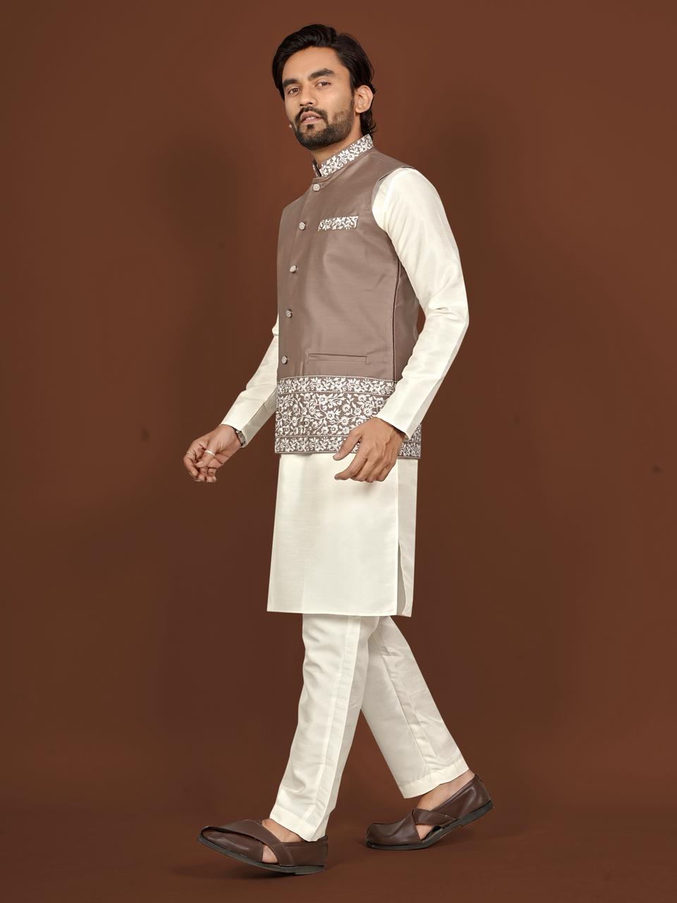Aagaman Men's Designer Silk Koti Kurta Pant Set — Men's Wear, Vardan Ethnic wholesale from Surat — view 9