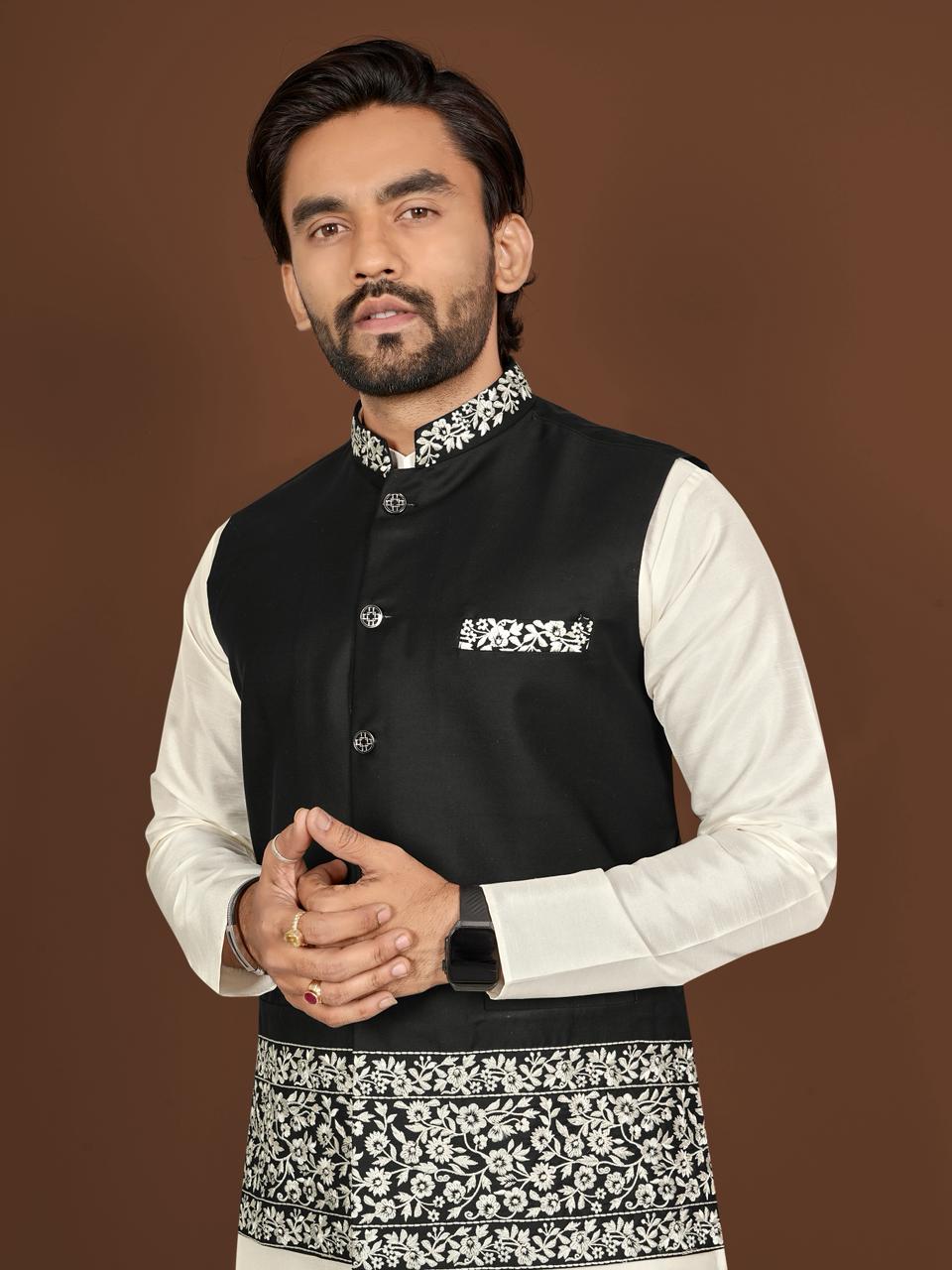 Aagaman Men's Designer Silk Koti Kurta Pant Set