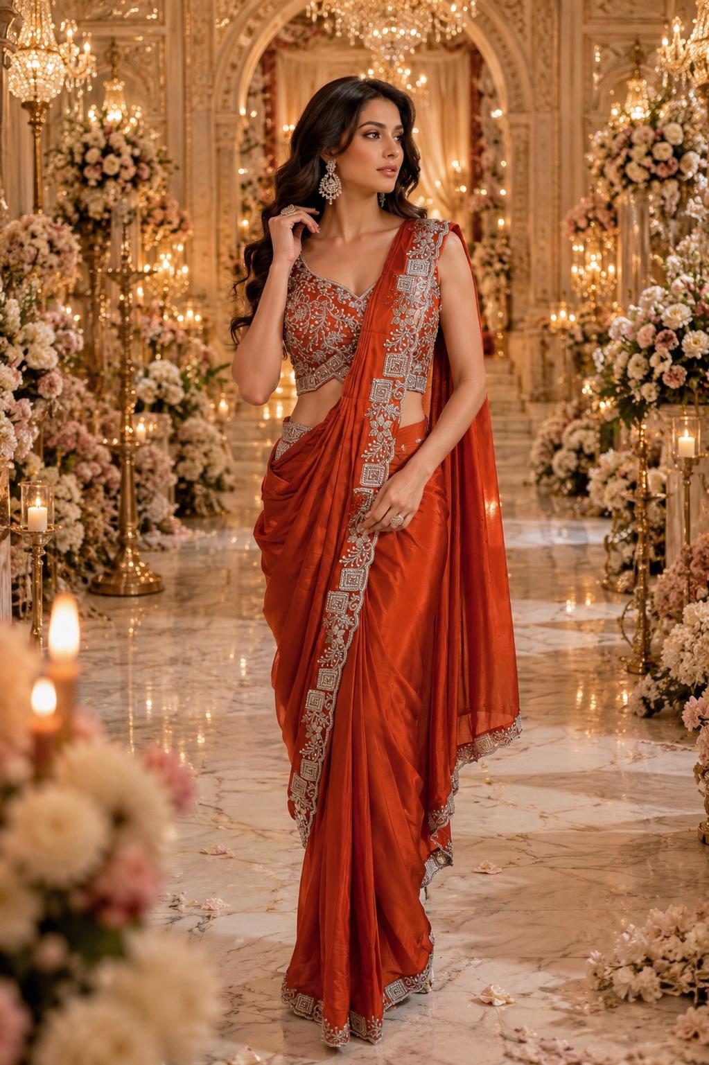 Amoha A545 Armani Satin Ready To Wear Saree with Bead Work Blouse