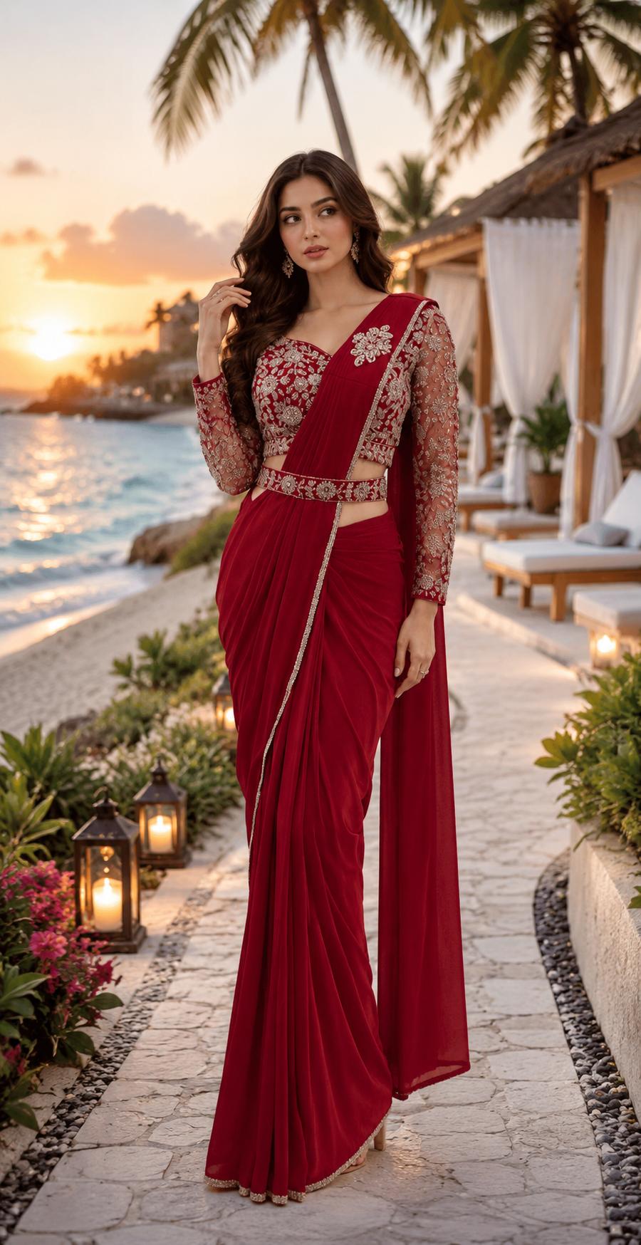 Amoha A545 Ready To Wear Armani Satin Saree with Bead Work Blouse