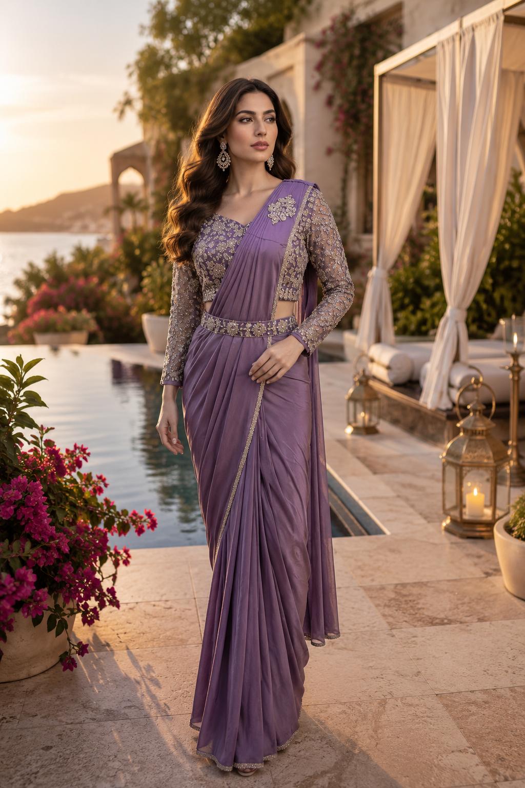 Amoha A545 Ready To Wear Armani Satin Saree with Bead Work Blouse — Festival Sarees, Vardan Ethnic wholesale from Surat — view 3