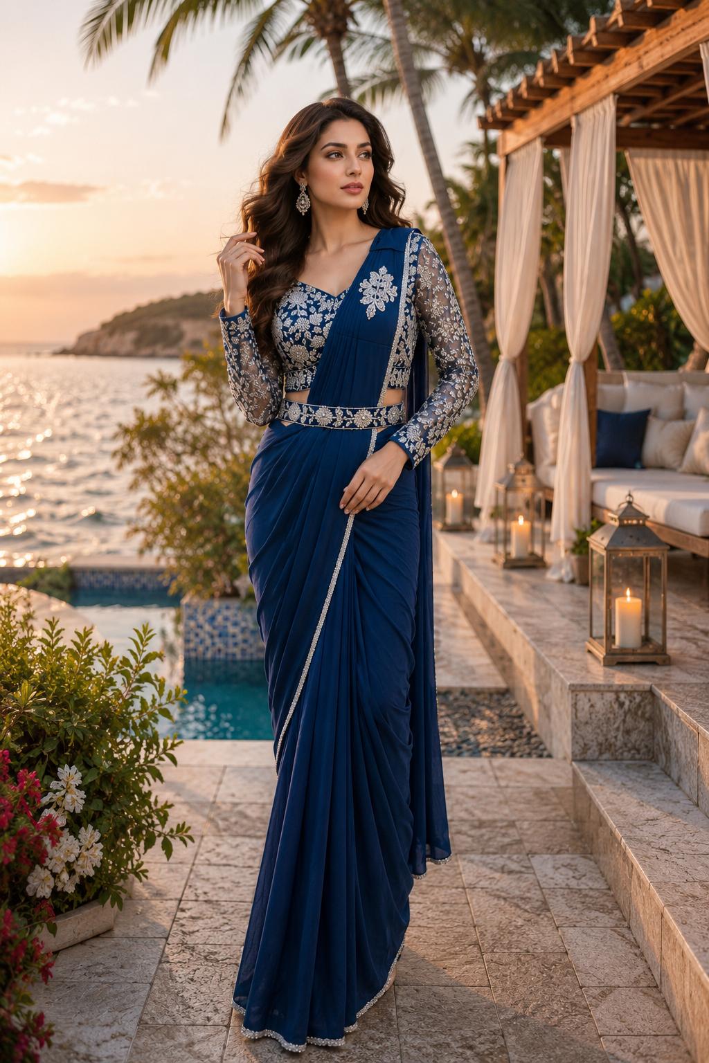 Amoha A545 Ready To Wear Armani Satin Saree with Bead Work Blouse — Festival Sarees, Vardan Ethnic wholesale from Surat — view 4