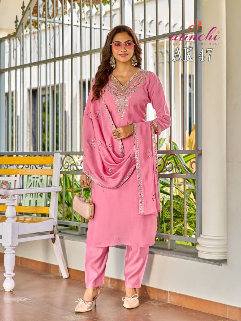 Aanchi Ak 47 Mul Cotton Embroidered Kurti With Bottom Set — Wholesale Kurtis, Aanchi wholesale from Surat — view 3