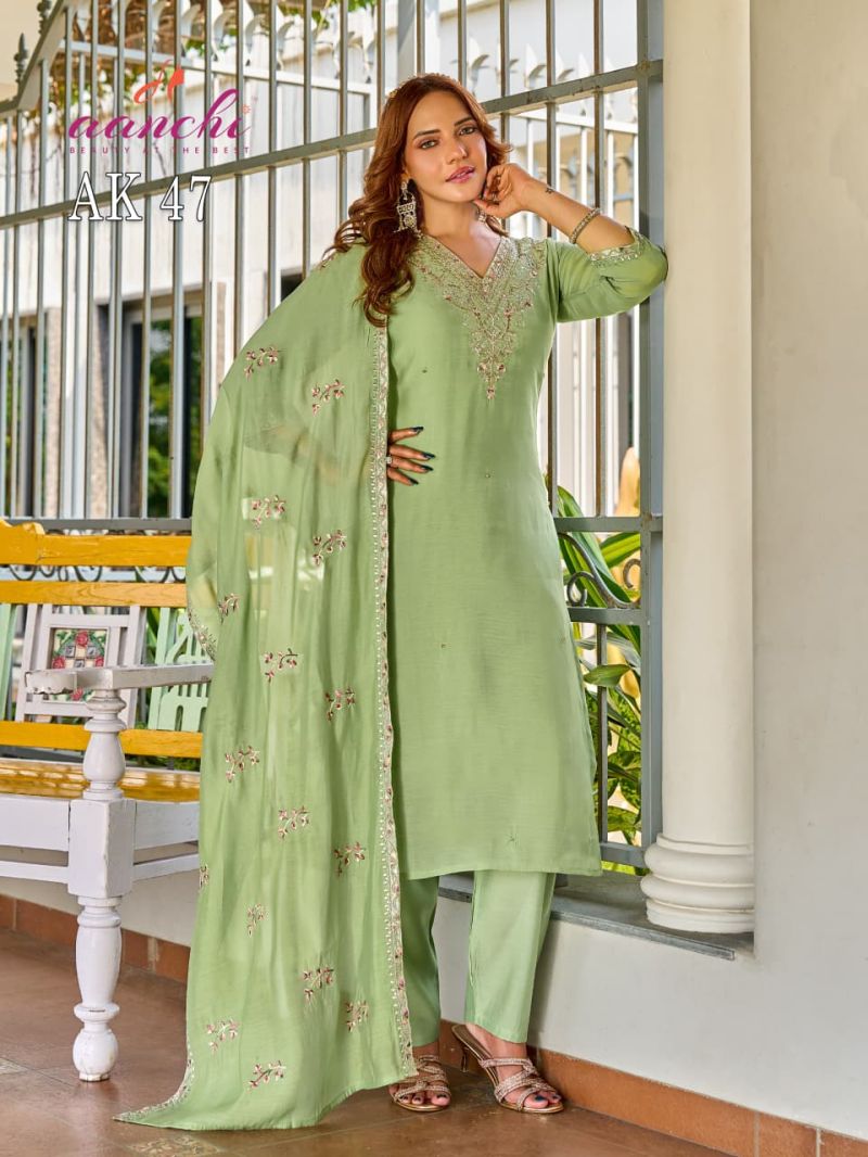 Aanchi Ak 47 Mul Cotton Embroidered Kurti With Bottom Set — Wholesale Kurtis, Aanchi wholesale from Surat — view 2