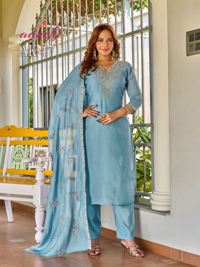 Aanchi Ak 47 Mul Cotton Embroidered Kurti With Bottom Set