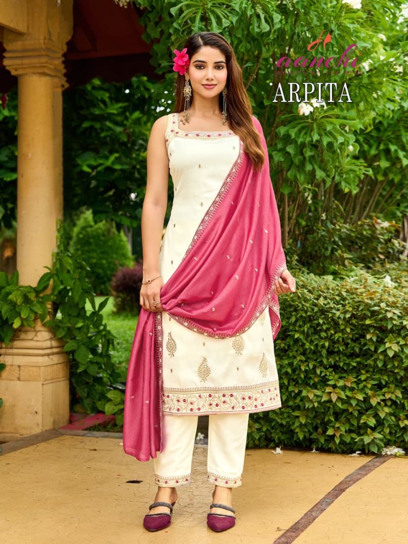 Aanchi Arpita Crystal Silk Embroidered Kurti With Bottom Dupatta Set