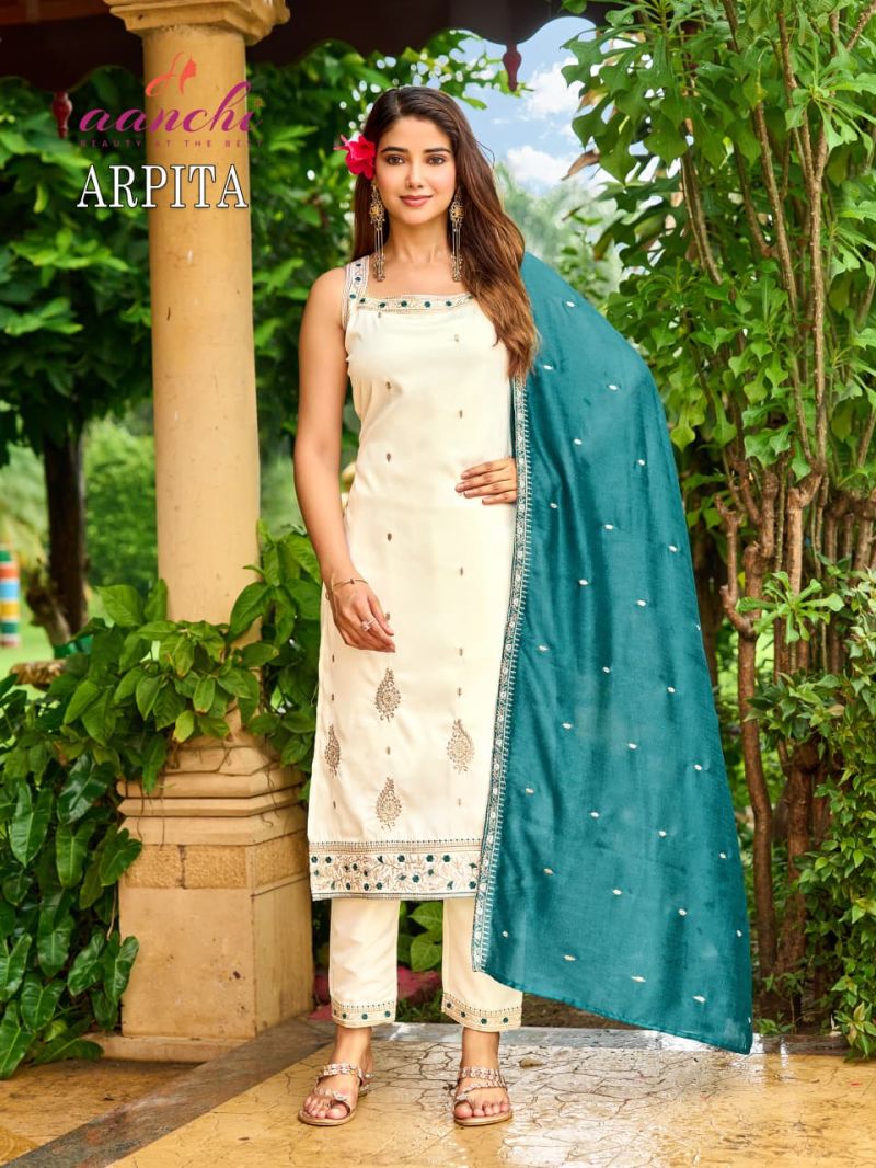 Aanchi Arpita Crystal Silk Embroidered Kurti With Bottom Dupatta Set — Wholesale Kurtis, Vardan Ethnic wholesale from Surat — view 3