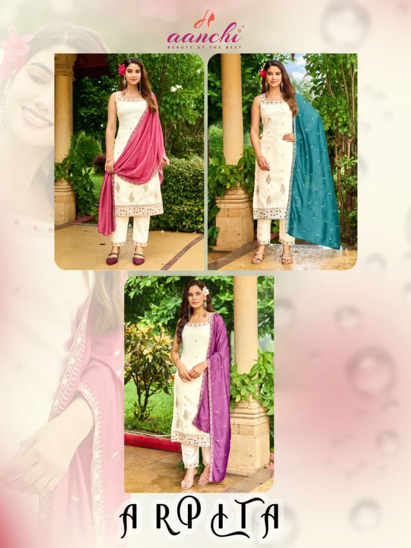 Aanchi Arpita Crystal Silk Embroidered Kurti With Bottom Dupatta Set — Wholesale Kurtis, Vardan Ethnic wholesale from Surat — view 4
