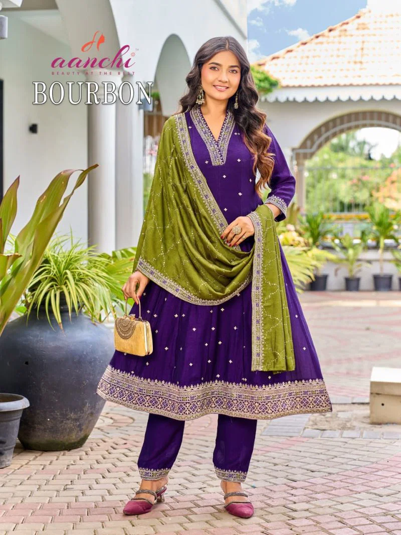 Aanchi Bourbon Vichitra Silk Embroidered Anarkali Kurti With Bottom Dupatta Set — Wholesale Readymade Suit, Vardan Ethnic wholesale from Surat — view 2
