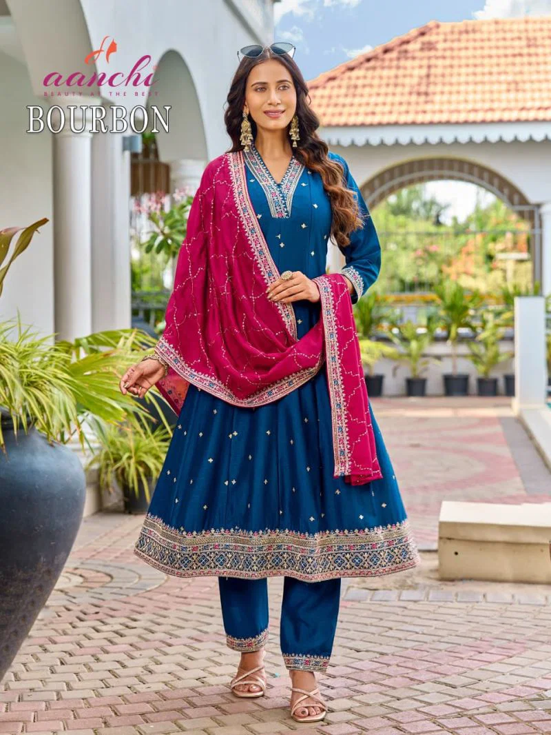 Aanchi Bourbon Vichitra Silk Embroidered Anarkali Kurti With Bottom Dupatta Set — Wholesale Readymade Suit, Vardan Ethnic wholesale from Surat — view 1