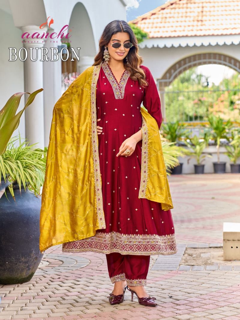 Aanchi Bourbon Vichitra Silk Embroidered Anarkali Kurti With Bottom Dupatta Set — Wholesale Readymade Suit, Vardan Ethnic wholesale from Surat — view 3