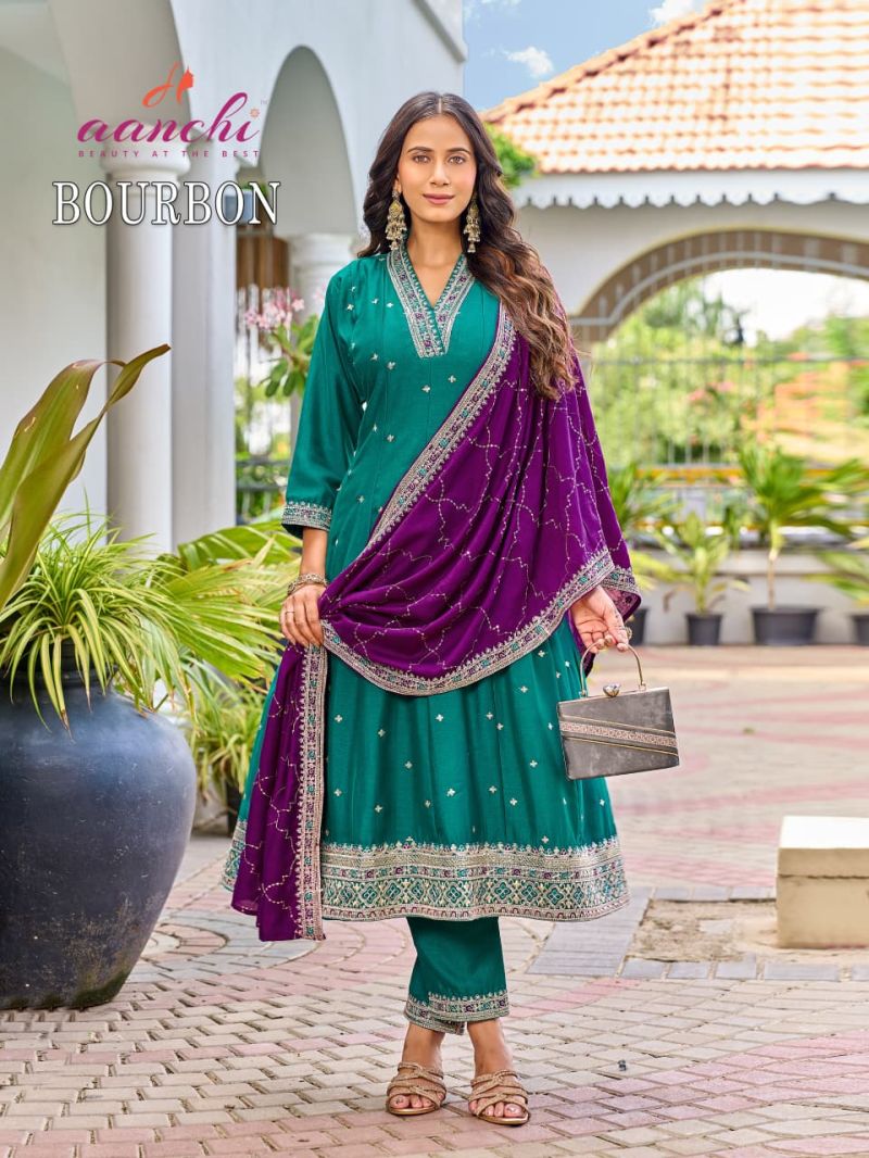 Aanchi Bourbon Vichitra Silk Embroidered Anarkali Kurti With Bottom Dupatta Set — Wholesale Readymade Suit, Vardan Ethnic wholesale from Surat — view 4