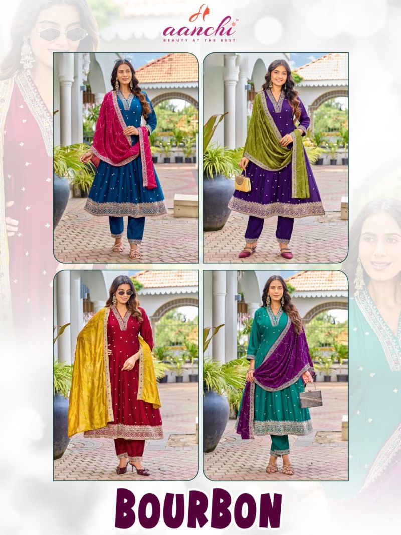 Aanchi Bourbon Vichitra Silk Embroidered Anarkali Kurti With Bottom Dupatta Set — Wholesale Readymade Suit, Vardan Ethnic wholesale from Surat — view 5