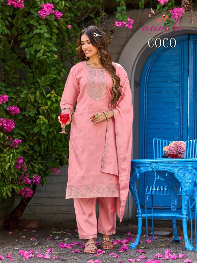 Aanchi Coco Roman Glass Embroidered Kurti With Bottom Dupatta Set — Wholesale Kurtis, Aanchi wholesale from Surat — view 5