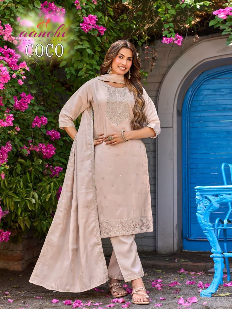 Aanchi Coco Roman Glass Embroidered Kurti With Bottom Dupatta Set — Wholesale Kurtis, Aanchi wholesale from Surat — view 4