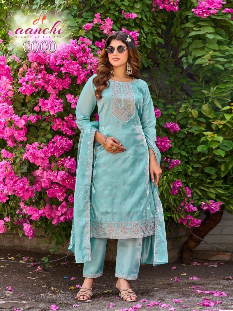 Aanchi Coco Roman Glass Embroidered Kurti With Bottom Dupatta Set
