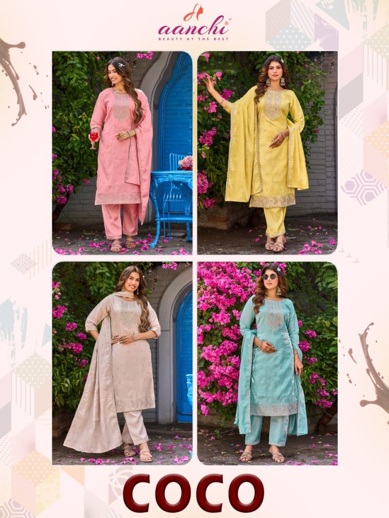 Aanchi Coco Roman Glass Embroidered Kurti With Bottom Dupatta Set — Wholesale Kurtis, Aanchi wholesale from Surat — view 2