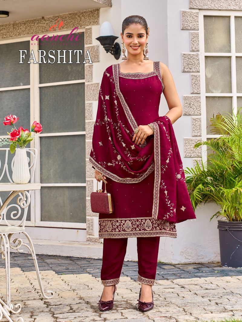 Aanchi Farshita Vichitra Silk Fancy Embroidered Kurti With Bottom Dupatta Set — Wholesale Readymade Suit, Vardan Ethnic wholesale from Surat — view 4
