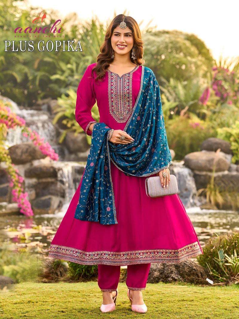 Aanchi Plus Gopika Vichitra Silk Embroidered Kurti With Bottom Dupatta Set