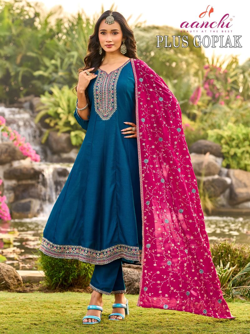 Aanchi Plus Gopika Vichitra Silk Embroidered Kurti With Bottom Dupatta Set — Wholesale Kurtis, Vardan Ethnic wholesale from Surat — view 3