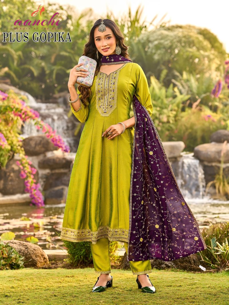 Aanchi Plus Gopika Vichitra Silk Embroidered Kurti With Bottom Dupatta Set — Wholesale Kurtis, Vardan Ethnic wholesale from Surat — view 4