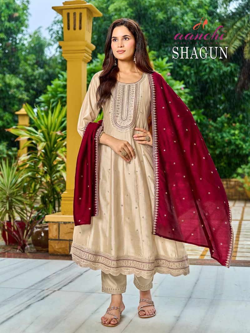 Aanchi Shagun Vichitra Silk Fancy Embroidered Kurti With Bottom Dupatta Set