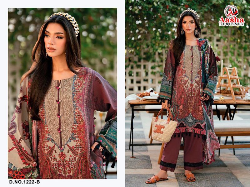 Aasha 1222 A And B Chiffon Dupatta Cotton Printed And Embroidered Salwar Kameez Catalog — Cotton Dress Material, Vardan Ethnic wholesale from Surat — view 2