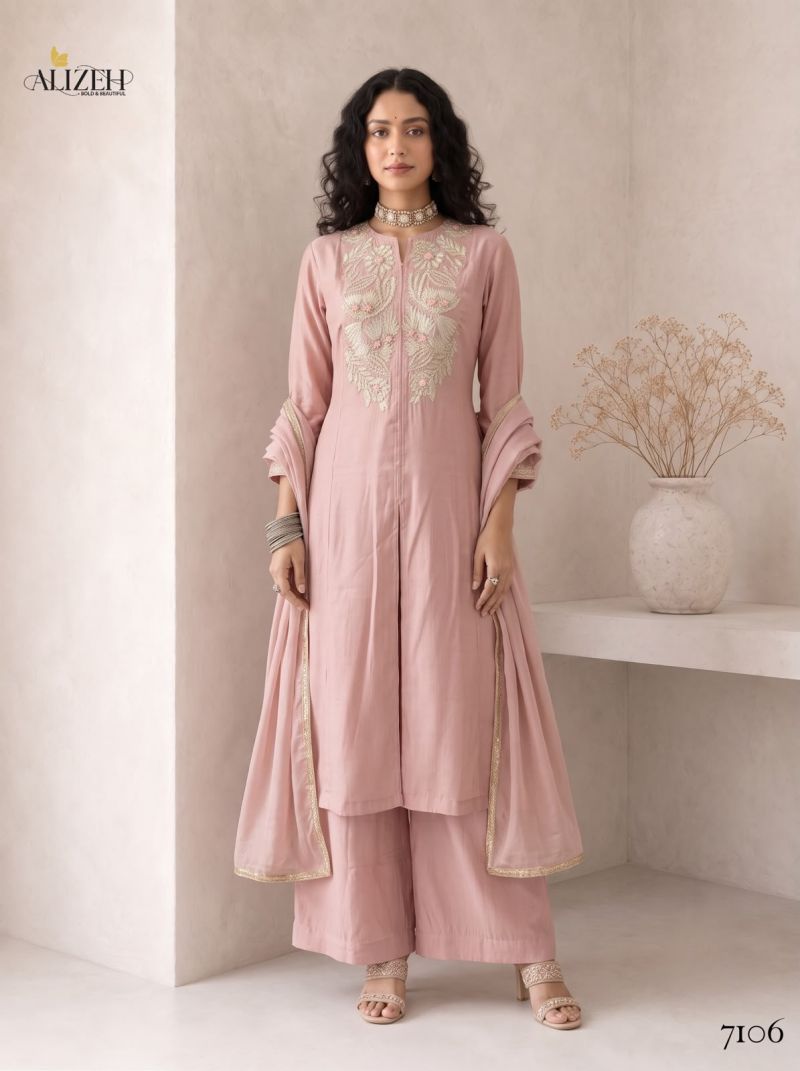 Alizeh 7106 To 7109 Roman Silk Embroidered Kurti With Bottom Dupatta Set — Wholesale Kurtis, Vardan Ethnic wholesale from Surat — view 2