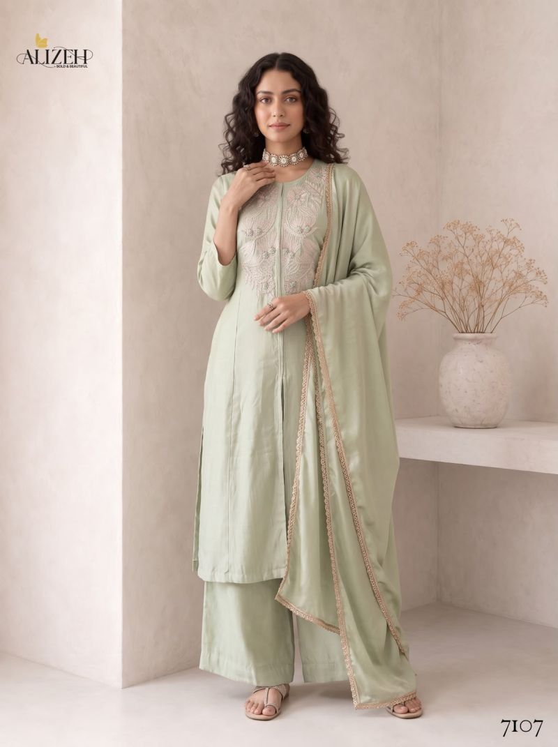 Alizeh 7106 To 7109 Roman Silk Embroidered Kurti With Bottom Dupatta Set — Wholesale Kurtis, Vardan Ethnic wholesale from Surat — view 3
