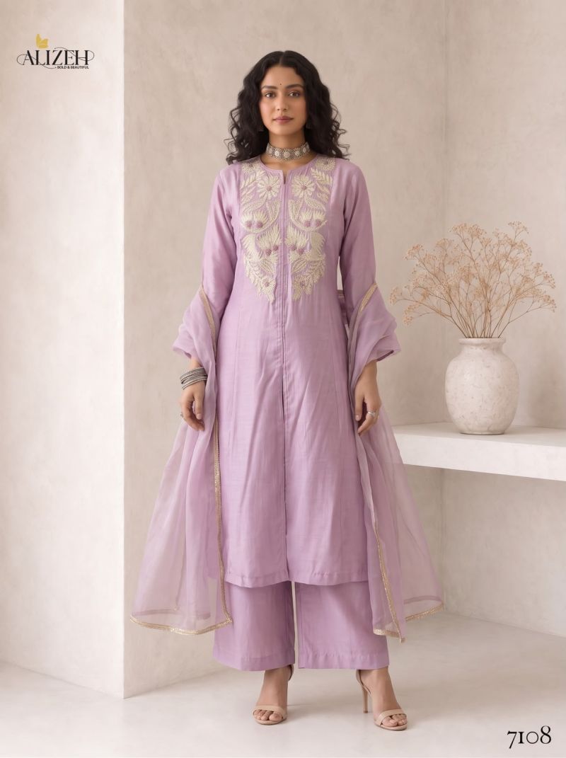 Alizeh 7106 To 7109 Roman Silk Embroidered Kurti With Bottom Dupatta Set — Wholesale Kurtis, Vardan Ethnic wholesale from Surat — view 4